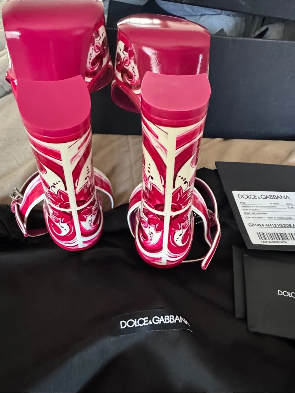 Authentic Dolce & Gabbana Pink Printed Ankle-Strap platform Heels 36.5